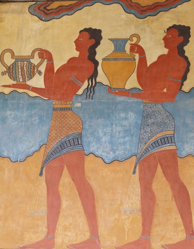 Sitio arqueológico minoico de Knossos. Arte minoico. Figuras del “fresco de la procesión” del palacio de Knossos. Entrada sur. Copia de una pintura mural en relieve de la cual se encontraron algunos fragmentos. de Unknown